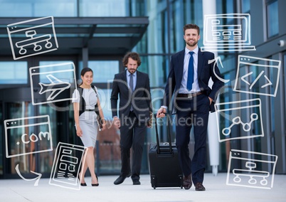 Three business people walking with white business doodles