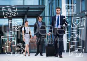 Three business people walking with white business doodles