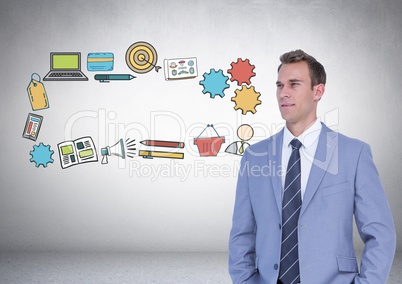 Businessman with business graphic drawings