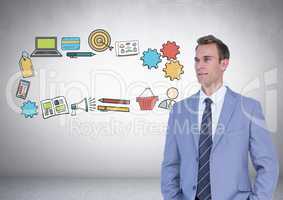 Businessman with business graphic drawings