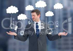 Man choosing or deciding clouds hanging technology with open palm hands