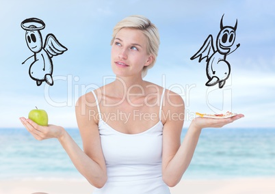 Woman choosing or deciding food good or evil with open palm hands