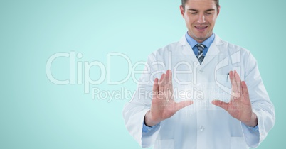 Man in lab coat with white graph between hands and flare against light blue background