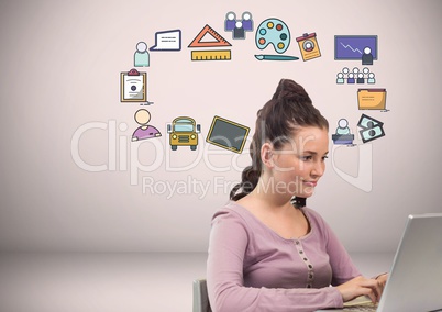 Woman with craetive education icons graphics drawings