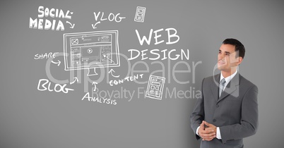 Businessman with social media and design drawings and text