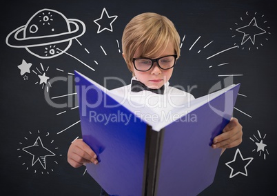 Kid with large book and white space doodles against navy chalkboard