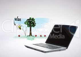 Laptop against grey background with idea illustration drawing