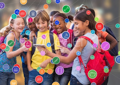 Children with phone against blur background with connectors