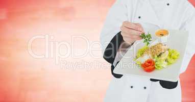 Chef with plate of food against blurry red wood background