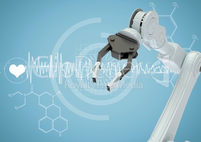 White robot claw against white medical interface and blue background