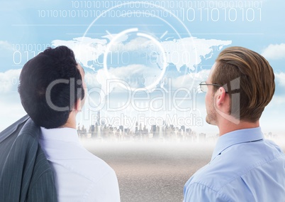 Businessmen looking at City with world map