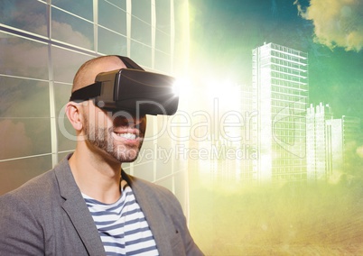 Man in VR with flares and white building graphic against window and evening sky