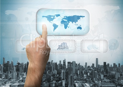 Hand touching pointing at City with world map