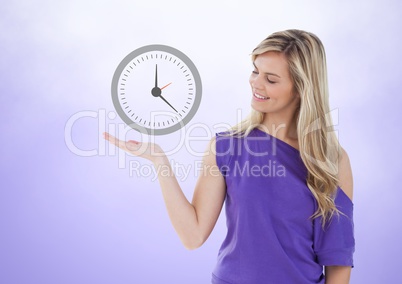 Woman with open palm hand under clock time icon