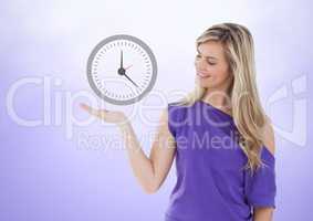 Woman with open palm hand under clock time icon