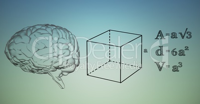 Transparent brain and black math graphics against blue green background