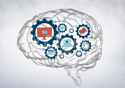 Transparent brain with blue gear graphics against white wall