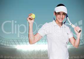 Tennis player against stadium with bright lights and blue sky