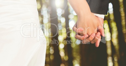 Wedding couple holding hands in forest woods