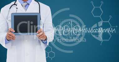 Doctor with tablet against white medical interface and blue background