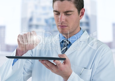 Man in lab coat with device and white graph with flare against blurry building