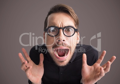 Stressed man hysterical with purple background