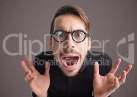 Stressed man hysterical with purple background