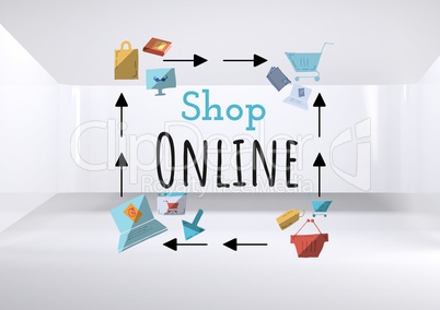 Shop Online text with drawings graphics