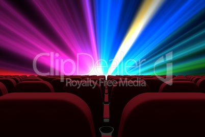 3d composition of cinema seats facing to screen with colorfull lights