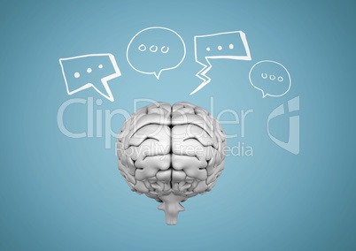 Grey brain with white speech bubbles against blue background