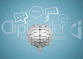 Grey brain with white speech bubbles against blue background