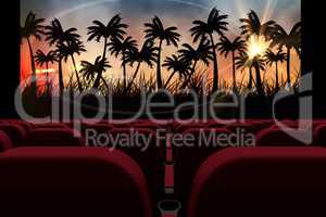 3d composition of cinema seats facing sunset view with palms