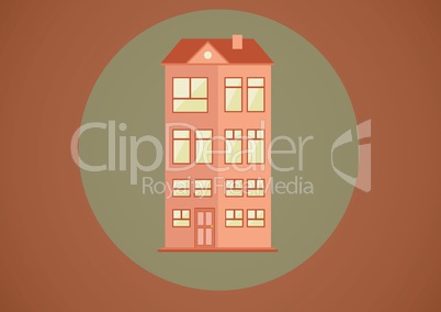 House illustration in circle against brown background