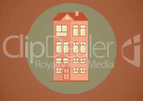 House illustration in circle against brown background