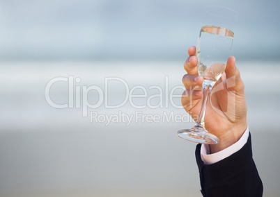 Wedding groom holding champagne celebrating by sea