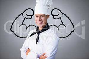 Confident chef against grey background with drawing of  flexing muscles
