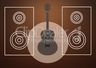 Guitar illustration with speaker icons against brown background