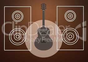 Guitar illustration with speaker icons against brown background