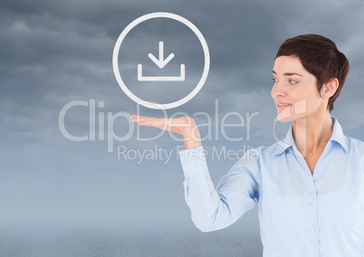 Woman with open palm hand under download icon