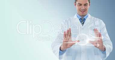 Man in lab coat with white interface and flare between hands against blue background