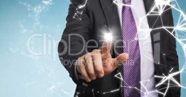 Business man mid section with flare and interface against blue background