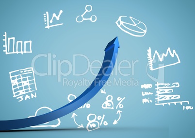 Blue arrow against white business doodles and blue background