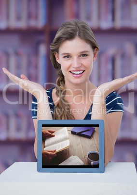 Woman at table with tablet showing book and coffee against blurry bookshelf with purple overlay