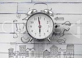 Clock in front of diagrams and buildings drawings against wood