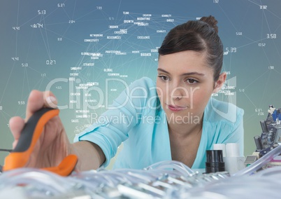 Woman with electronics and pliers against blue green background with white interface