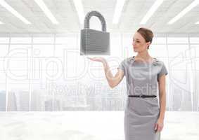 Woman with open palm hand under security lock in office