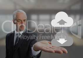 Old Businessman with open palm hands holding upload download cloud icons