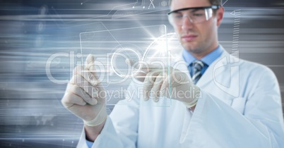 Man in lab coat and goggles with glass device and white interface against motion blur