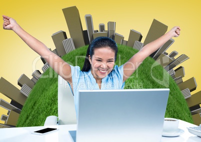 Woman at Desk with hands in air against globe with buildings and yellow background