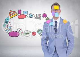 Businessman with sticky notes and creative business graphics drawings